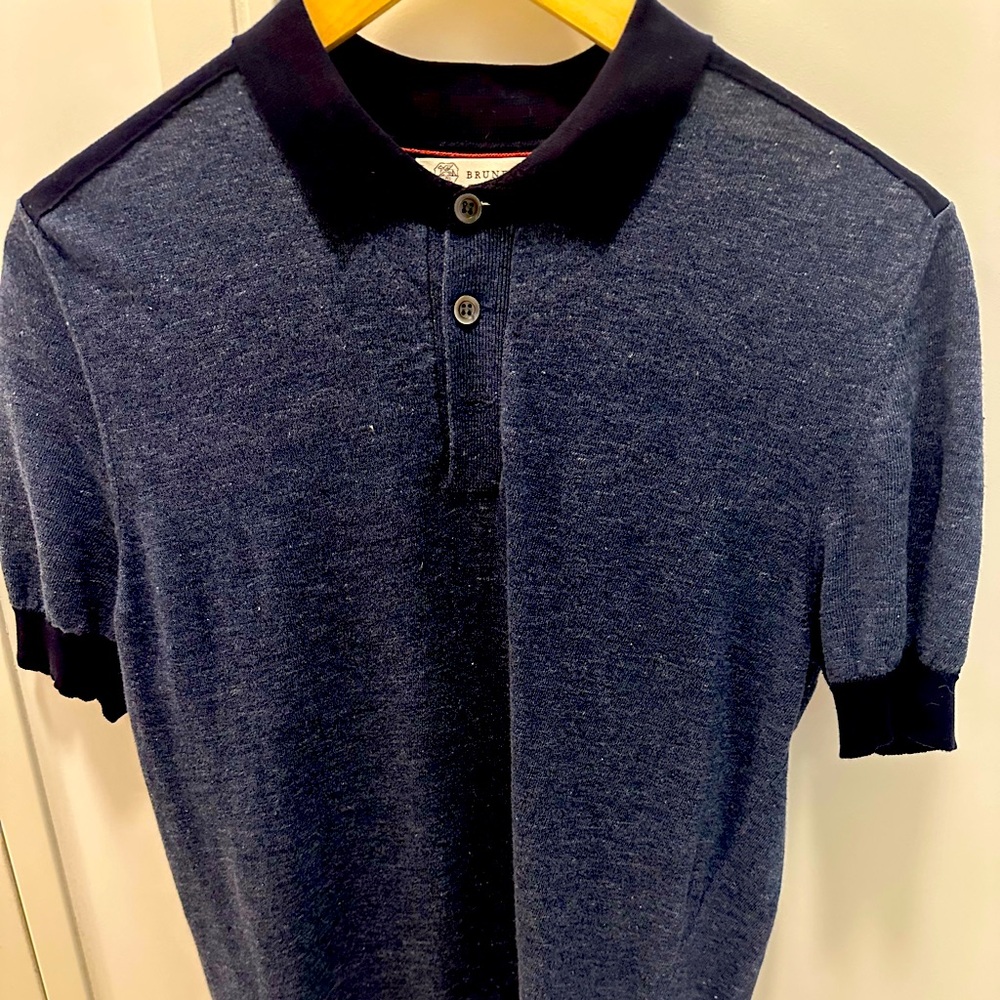 Brunello Cucinelli Blue Linen & Cotton Polo...